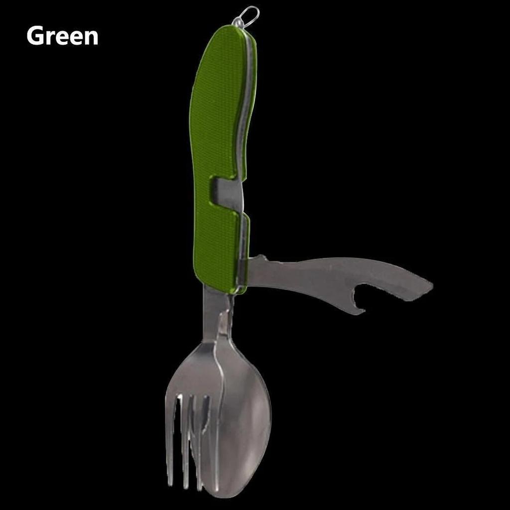 Edelstahl 4 in 1 Tragbares Outdoor-Taschenklappmesser Gabel Löffel Set Multifunktionales Besteck Löffel Gabel Messer Öffner