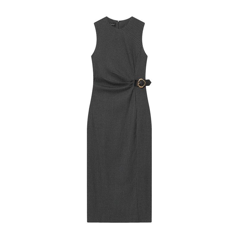 Sleeveless Striped Buckle Midi Dress 8741237 Small серый