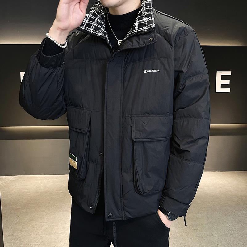 

Winter down jacket men s short stand-up collar trendy brand tooling thickened warm top couple loose coat L чёрный
