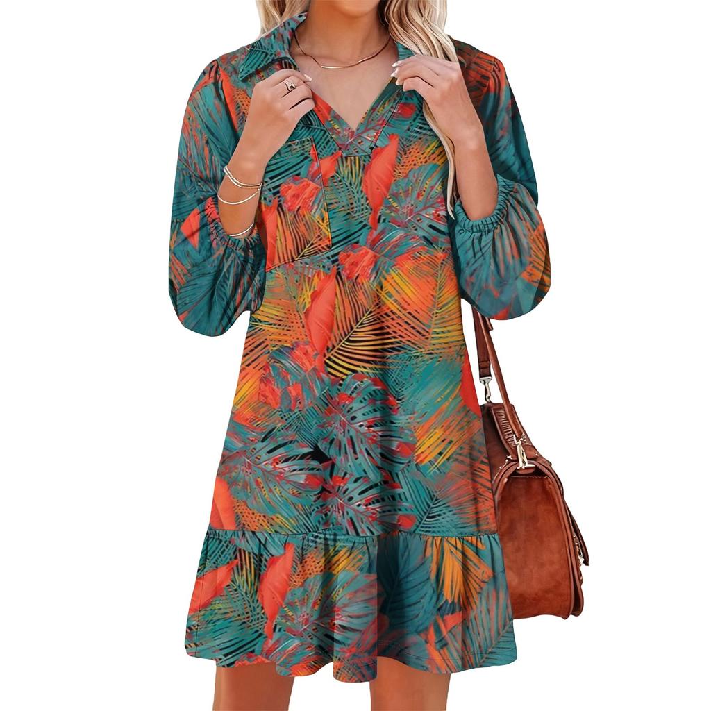 Damenmode Elegant Herbst Und Winter Langarm V-Ausschnitt Weihnachtsprint Kleid