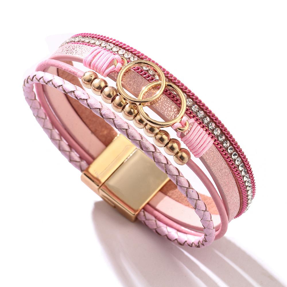 2025 New PU Leather Charm Bracelets Colorful Ring Gold Beads Handmade Woven Bohemia Fashion Style Women s Jewelry розовый