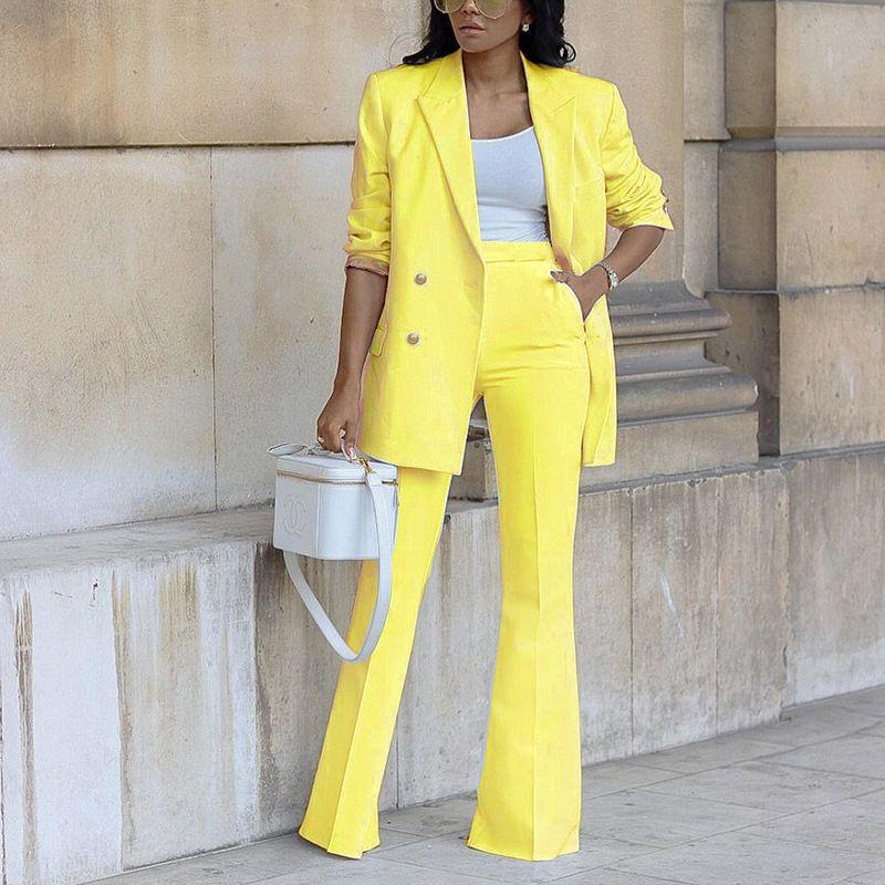 

Solid Color Casual Wide Leg Pants Two-Piece Suit Yellow 3XL
