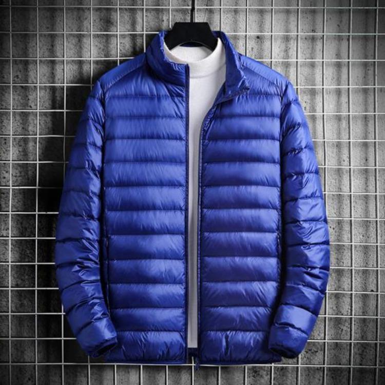 Lightweight Quilted Down Cotton Jacket for Men Stand Collar Long Sleeve Zipper Closure with Side Pockets
