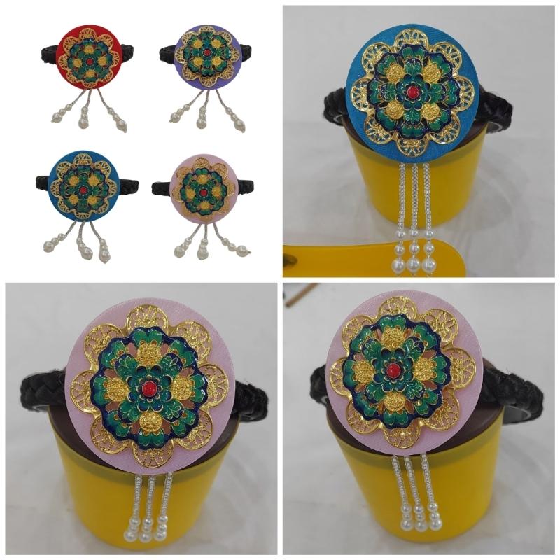 Traditional Korean Hanbok Headband for Women and Girls Blue Glaze and Faux Pearls Hair Hoop Stage Dance Hair Accessory