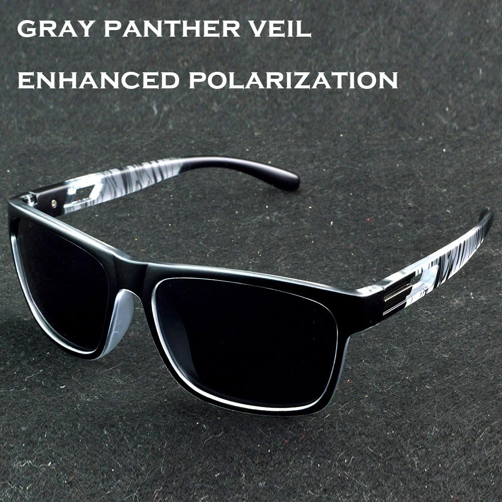 Gray Panther Veil Polarized Square Sunglasses Men Black Frame With Patterned Temple Modern Luxury Design For Outdoor