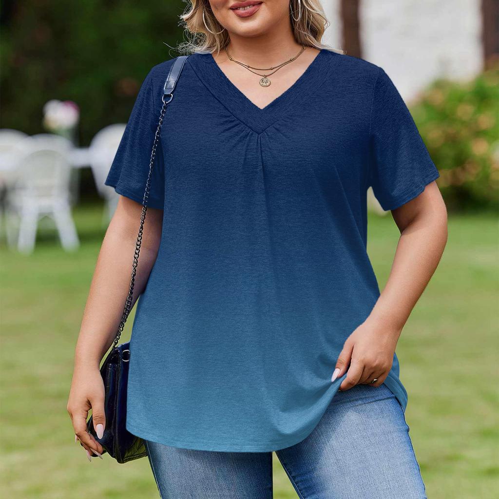 Damska Modna Codzienna Luźna Bluzka Plus Size z Krótkim Rękawem Elegancka z Dekoltem V Do Pracy