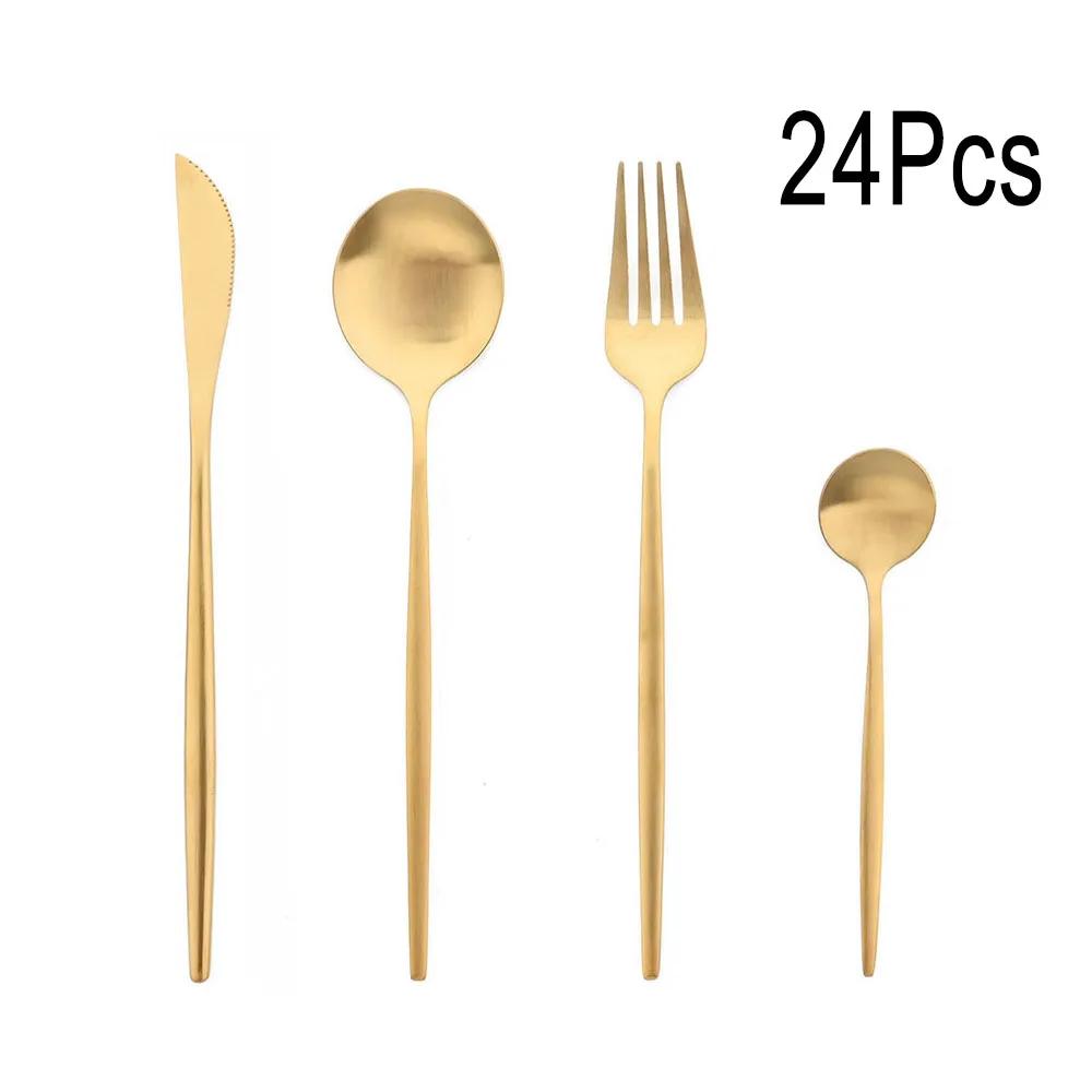 

24 шт., матовый черный золотой набор столовых приборов, нож из нержавеющей стали, вилка, ложка, обеденная посуда, столовые приборы, однотонная посуда золотой