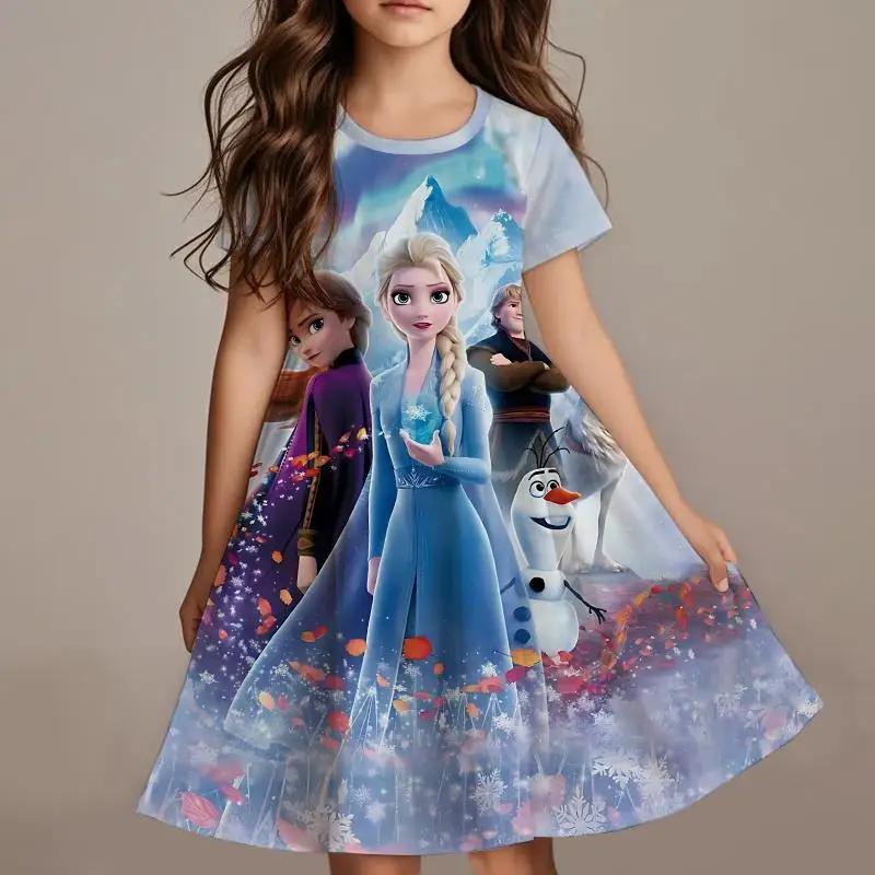Disney Frozen Princess Elsa Girls Summer Dress Anime Kids Dresses Clothes Skirt Fashion Casual Outfit