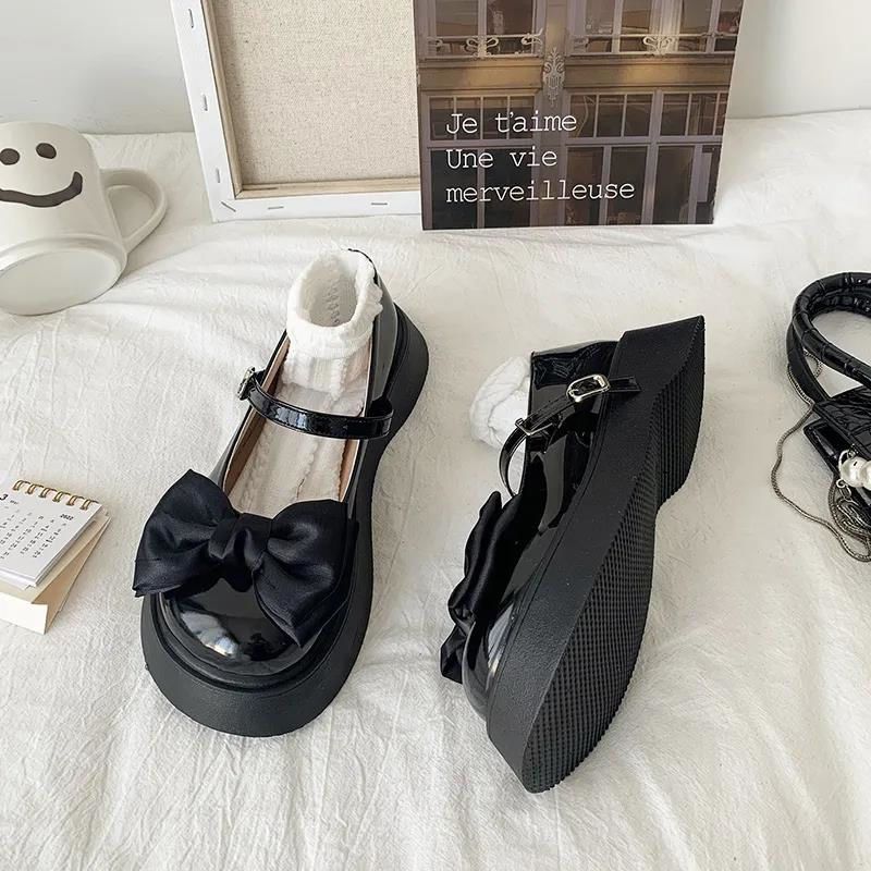 Bow small leather shoes women's British style platform muffin round head with skirt French Mary Jane Japanese jk big head shoes
