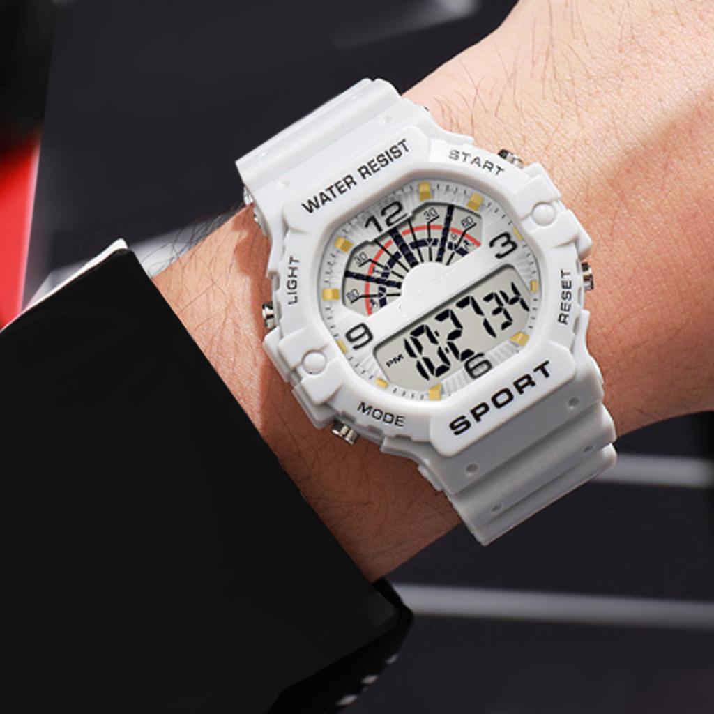 Sport Mens Digital Chronograph Strap Watch Classic Vintage Square Mens Digital Watch WR50M Waterproof White