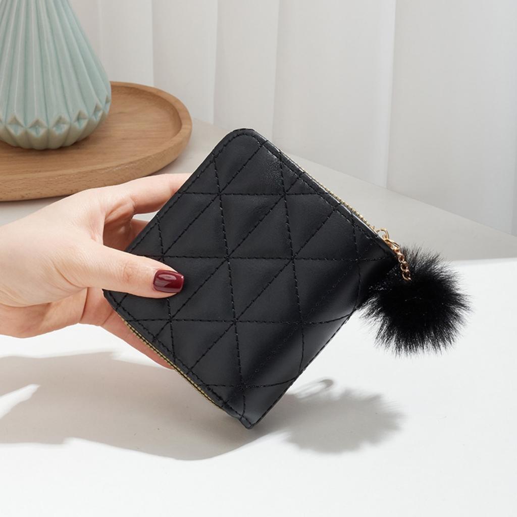 Small Fur Ball Bag, Double Layered Wallet, Diamond Grid, Ladies', Short, Hand-held, Coin Purse