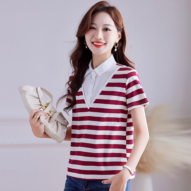 Damen Sommer Locker Geschnittenes Poloshirt mit Kragen – Fake Zweiteiler, Gestreift, Kurzarm, Reine Baumwolle