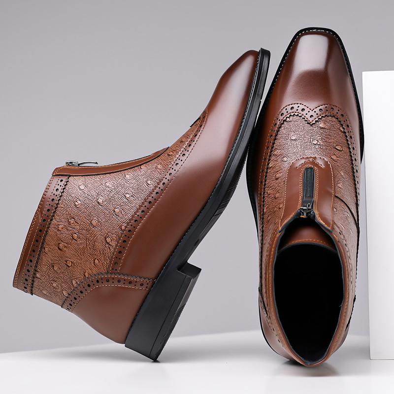 2026 Men's Business Casual Ankle Boots - Genuine Leather with Side Zipper&Brogue Perforations, Breathable Lining for Urban Style