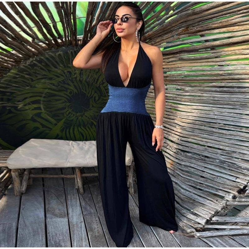 Halter Neck Sleeveless Stitching One-piece Wide-leg Pants Summer Ladies One-piece Casual Fashion Commuter Style