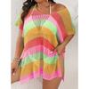 Plus Size Women's Holiday Smock Color Splicing Mixed Color Stripes Hollow Woven Dress