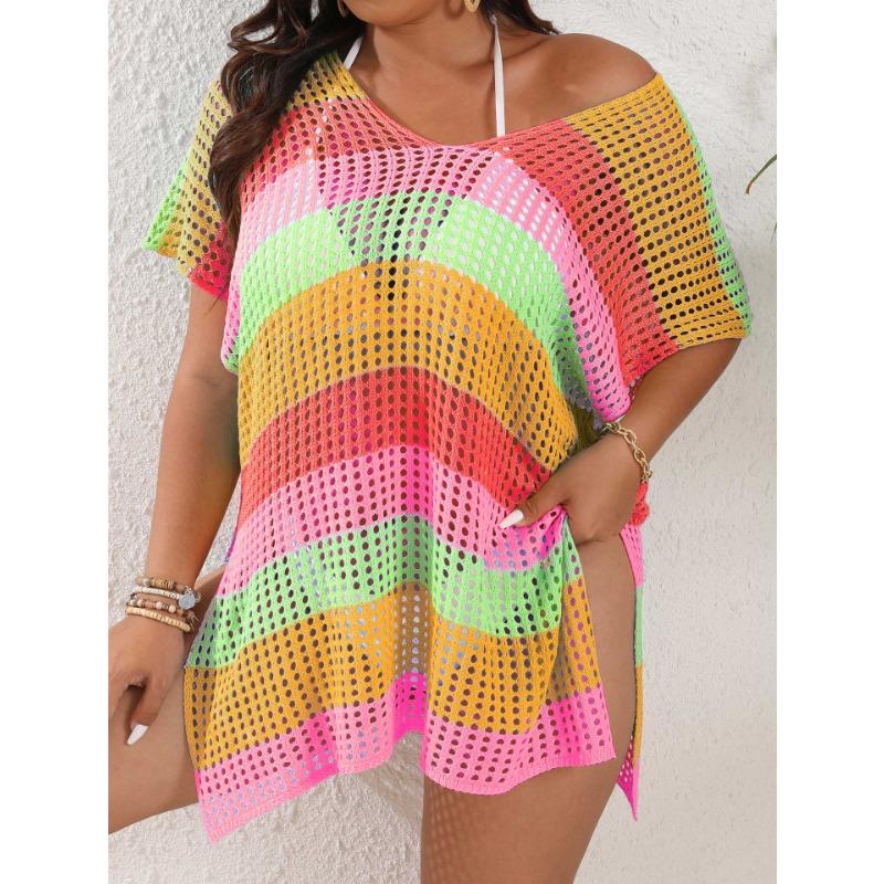 Plus Size Women's Holiday Smock Color Splicing Mixed Color Stripes Hollow Woven Dress