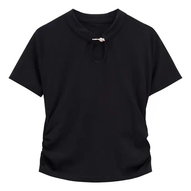 New Chinese retro button-up stand-up collar T-shirt women's summer new temperament Spice girl slim-fitting short-sleeved top