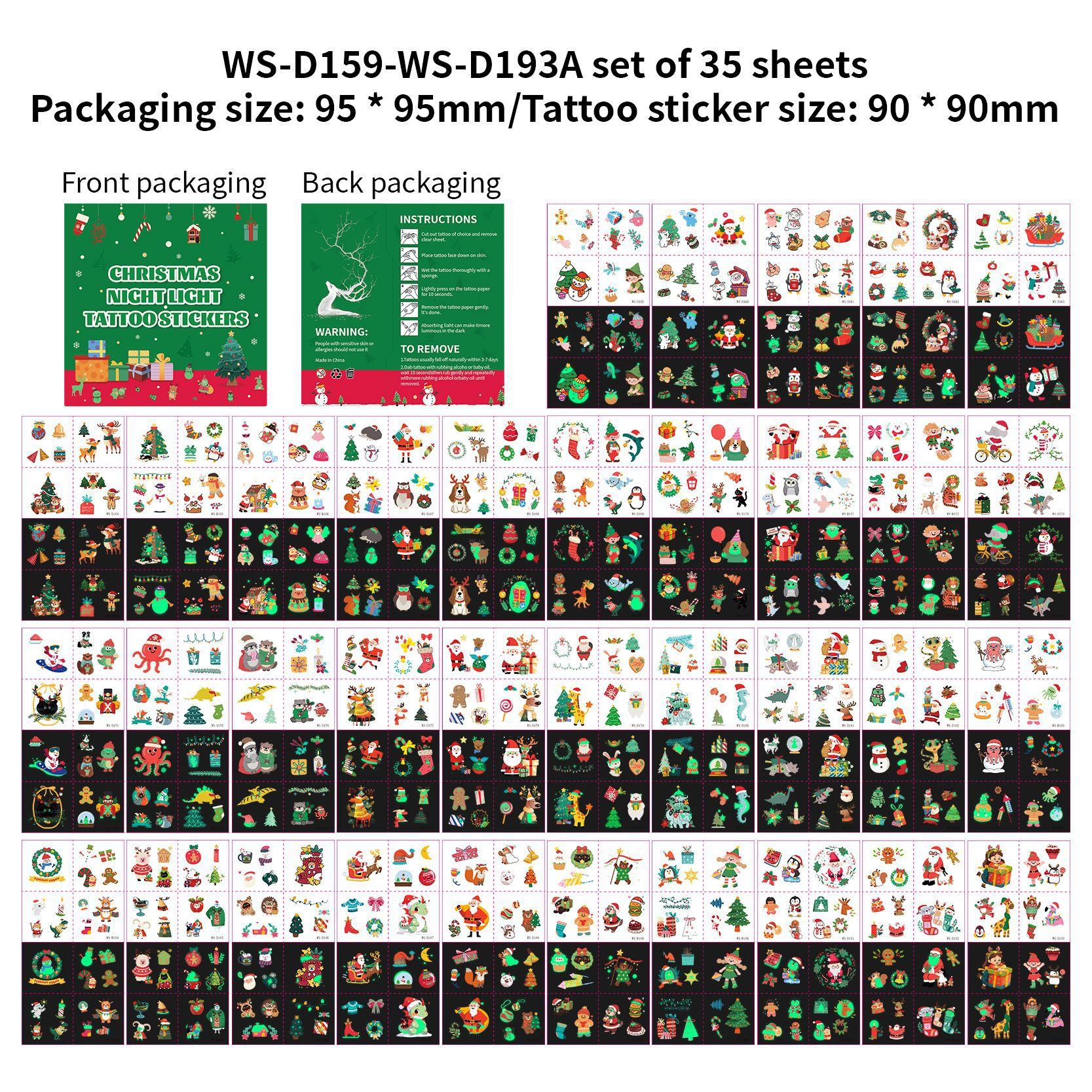 Новый рождественский ночник Мультяшный Санта-Клаус Олень Елка Снеговик Вечеринка Праздник Детский Подарок Наклейки-Татуировки Tattoo Patch Size: 90 x 90mm