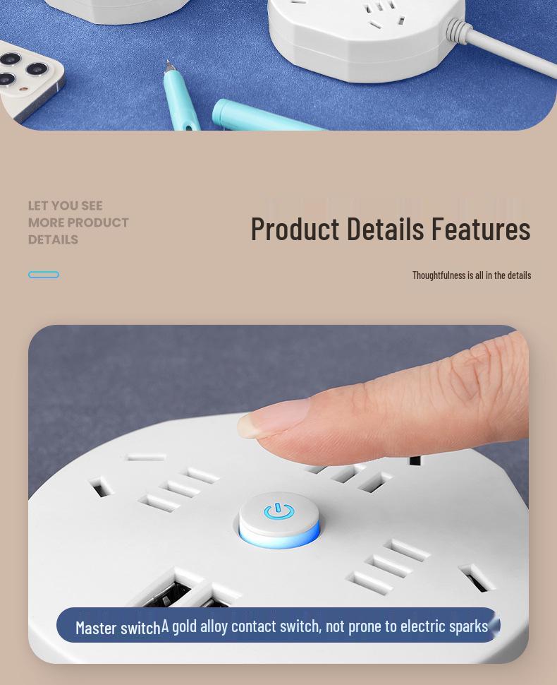 Compact Multi-Outlet Power Strip with Long Cord for Safe Household & Dorm Use