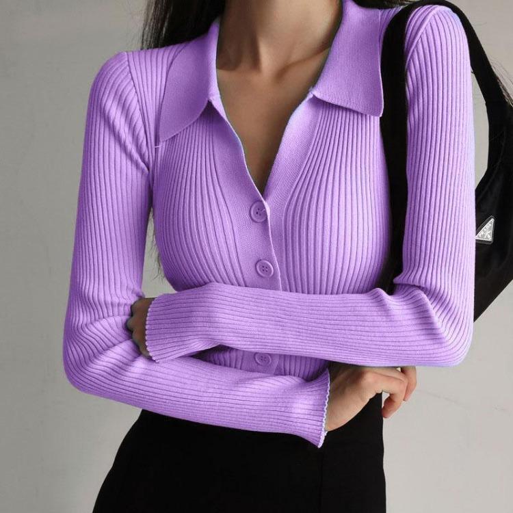 

Women Knitted Pullover Sweater Long Sleeve Turn Down Collar Solid Color Hollow Buttons One Size Tops for Spring Autumn OneSize фиолетовый