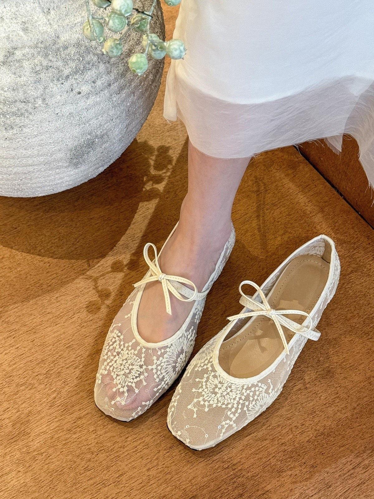 

Весенняя цветочная фея • Белые сетчатые одинарные туфли с бантом, женские туфли Мэри Джейн по внутренней высоте 35