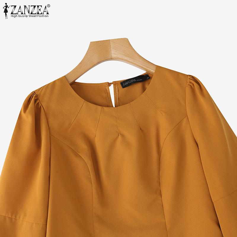 ZANZEA Women Casual Round Neck Solid Color 3/4 Sleeve Blouse