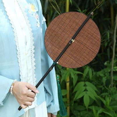 Bamboo Silk Waist Fan with Green Rattan & Lacquered Finish - Inspired by Song Dynasty, Rotatable & Foldable Portable Round Design