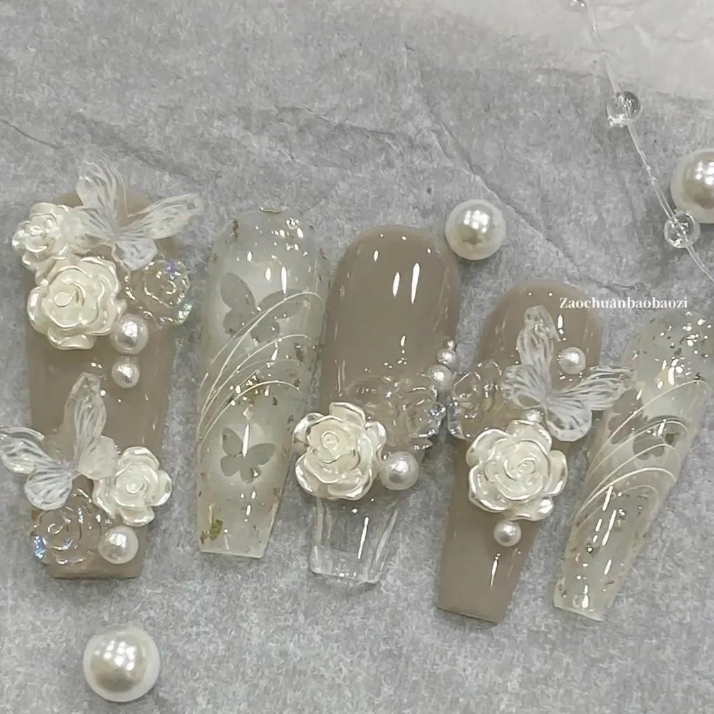 HANDGEMACHT langer Sargform Künstlicher Nagel Verträumte Fee Aurora Pink Funkelnder weißer Diamant Hochzeit Prinzessin Nagel Phototherapie Nägel Wiederverwendbar