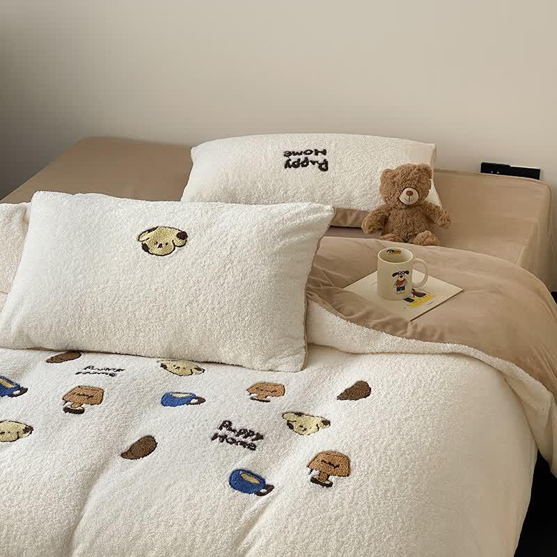 Milk Velvet Cartoon Dog Embroidery Flat Sheet Bedding Set