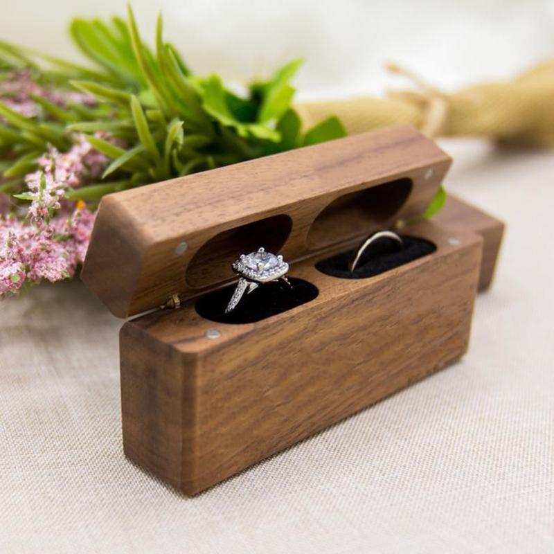 Fashion Wood Ring Box for 2 Rings Slim Double Ring Storage Holder Modern Wedding Ring Bearer Box Decorative Box with Lid