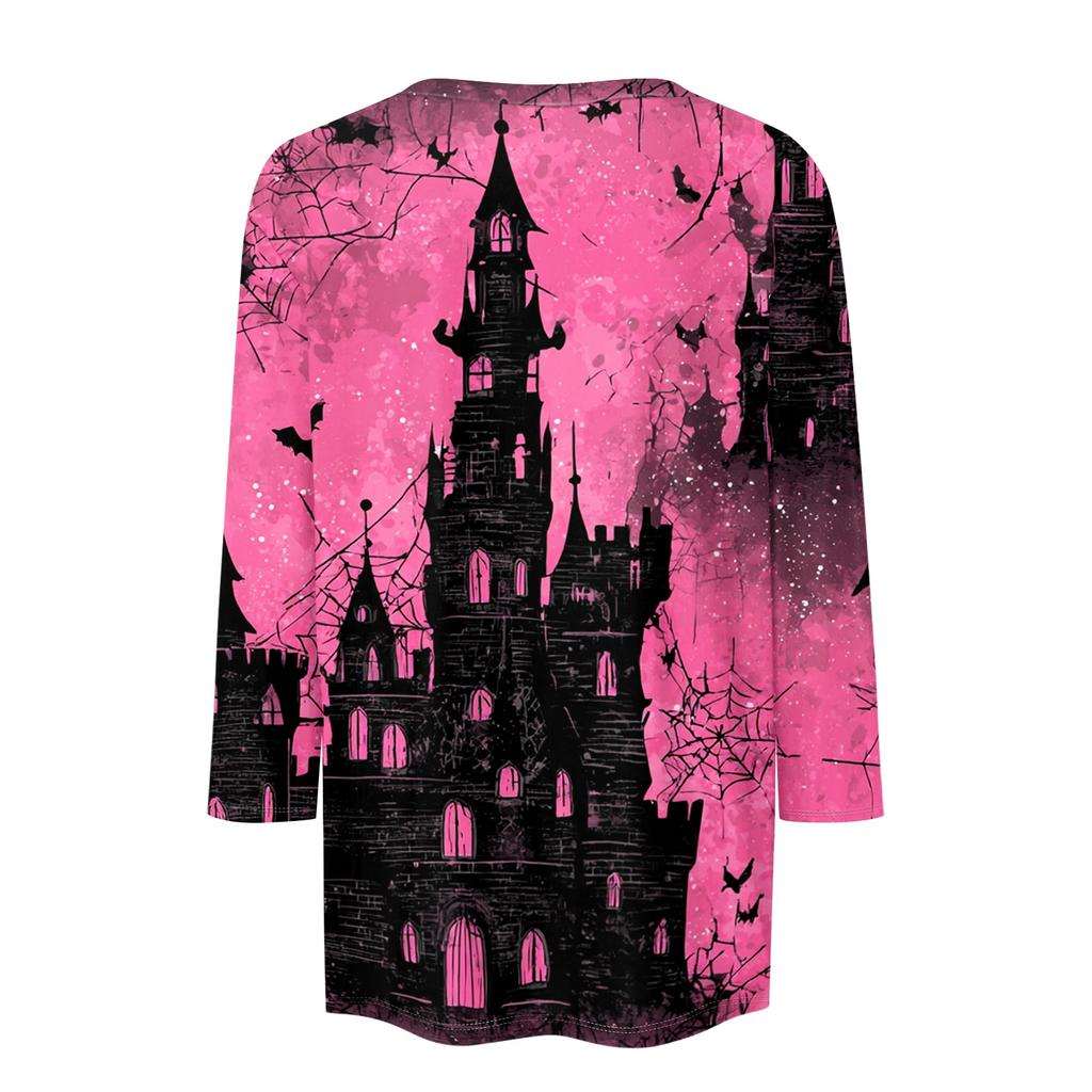Women’s Halloween Print Crew Neck Three Quarter Sleeve Casual Top with and Bat Graphic for Holiday and Everyday Wear