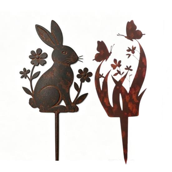 Ground Stake with Butterfly or Rabbit Design Garden Decorations Stake Rust-Resistant Iron Yard Artware for Lawn Patio