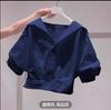 Lapel Bubble Sleeve Shirt Women Loose Fit Cropped Top Female Blouse and Shirt