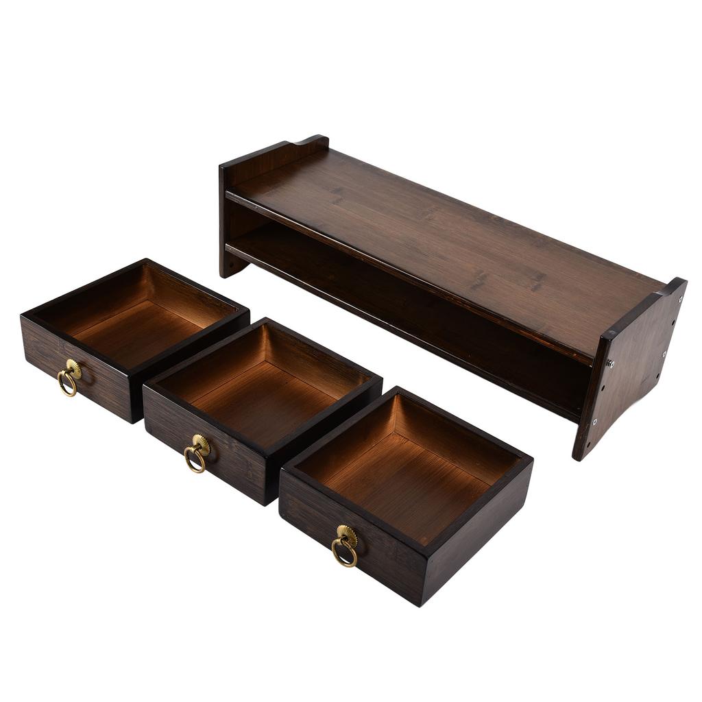 Monitor Stand Bamboo Heightened Non Absorbent Computer Riser with Backplane 3 Drawers for Home