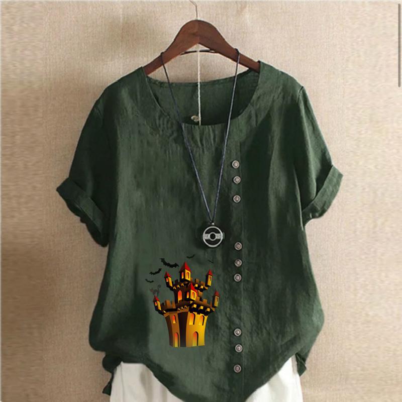 Women's Fashion Haunted House Prined Round Neck Short Sleeve T-shirt Casual Cotton Linen Graphic Shirt Leisure Loose Summer Blouse Tops