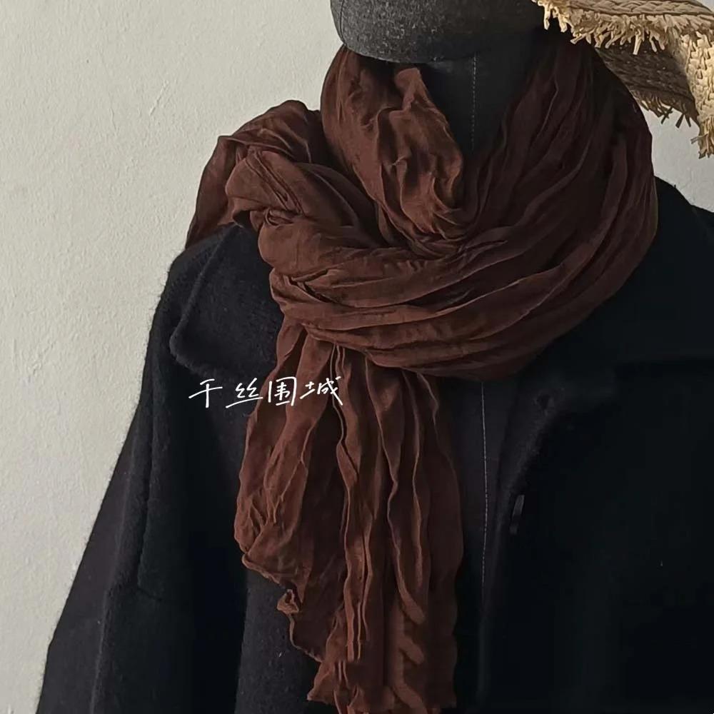 Vreovor Solid Color Scarf Retro Autumn Winter  Imitation Silk Pleated Green Retro Thin Long Strip Shawl Men And Women'S