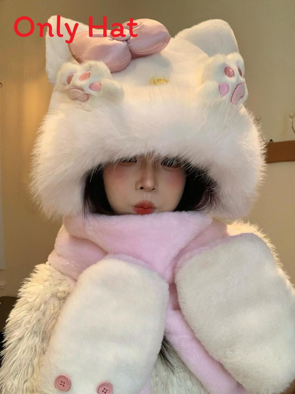 

Pink Cat Claw Plush Hat Scarf Gloves Set For Winter Warmth And Cozy Comfort