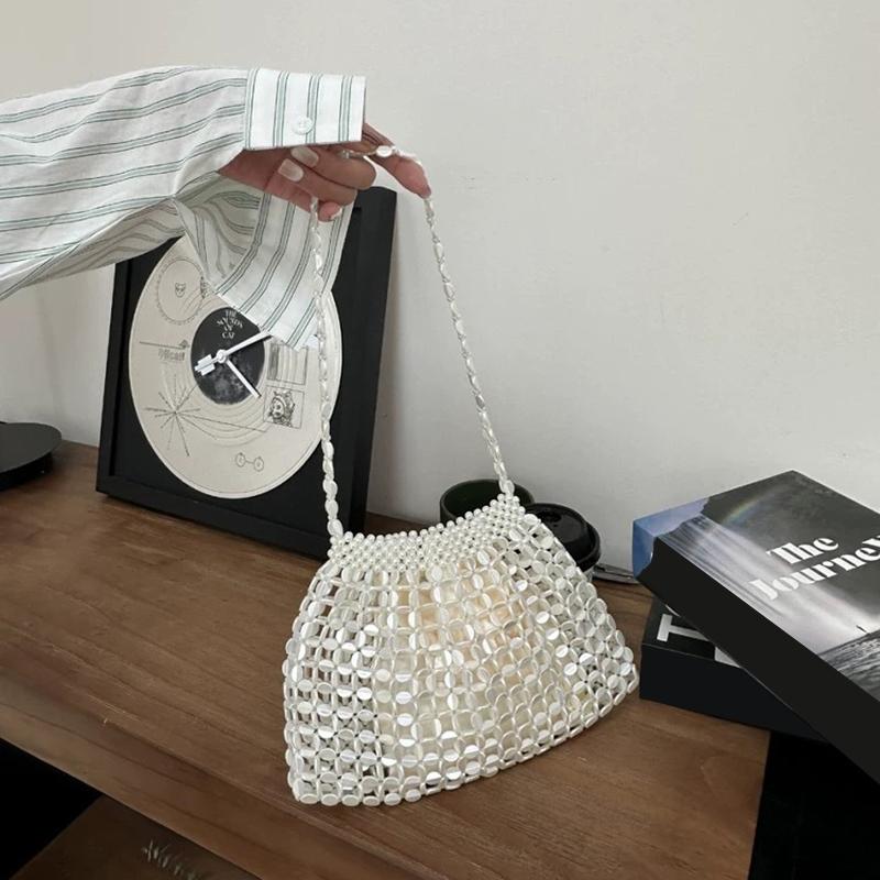 Yogodlns Women Summer Woven Hand Bag Luxury Design Hollow-out Silver Hand Woven Single Shoulder Underarm Bag