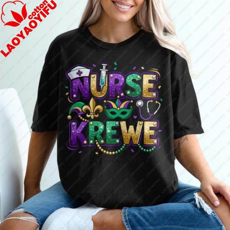 Nurse Krewe Mardi Gras TShirts Festive Carnival Apparel Gift for Nurses New Orleans Nurse Outfit Mardi Gras Party Tees  Y2k Top S