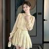 Tea Break Vacation Gentle Wind Floral V-neck Long Sleeves, Dress Women's Spring Summer Light Yellow Streamer Waist Short Skirt