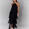 GY fashion neck fringed backless slit dress