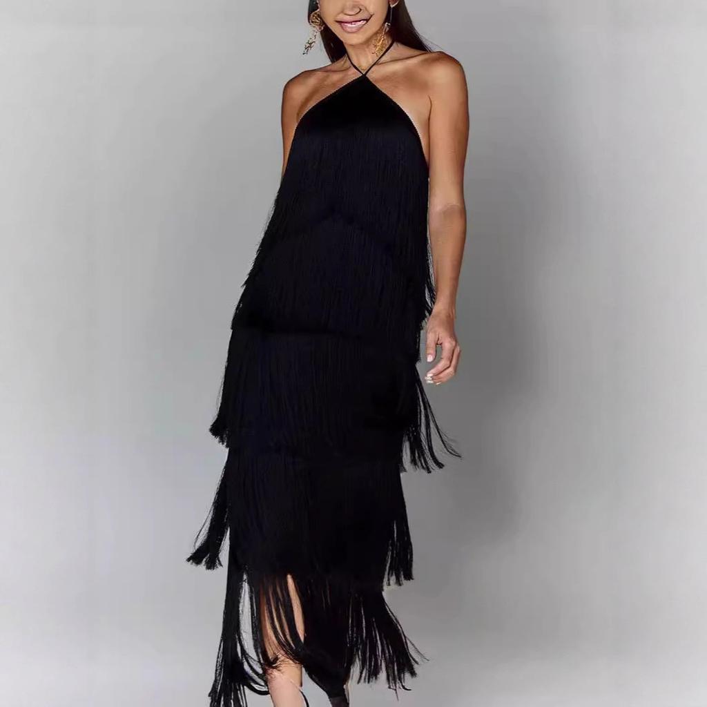 GY fashion neck fringed backless slit dress