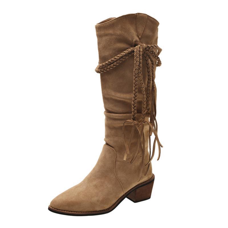 Women'S Shoes Retro Woven Fringed Knight Boots Women'S Autumn Thick Heel Thin Medium Tube Egyptian Boots Wasteland Pile