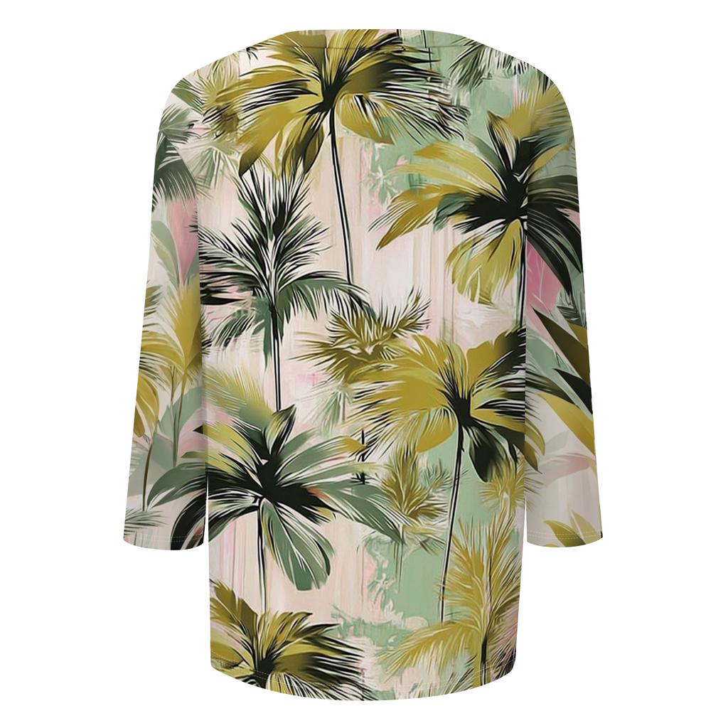 Women's Fashionable Casual Round Neck Three-Quarter Sleeve Printed T-Shirt Top