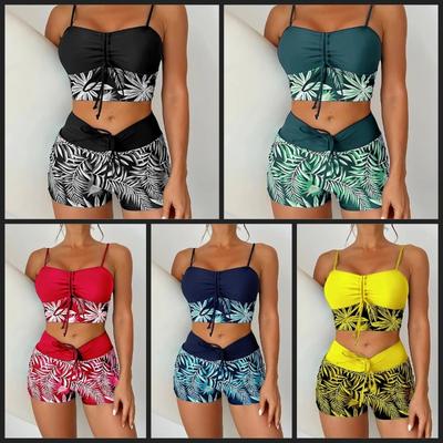Women's Tropical Leaf Print Two Piece Swimsuit Set - Black & White Cami Top with Shorts