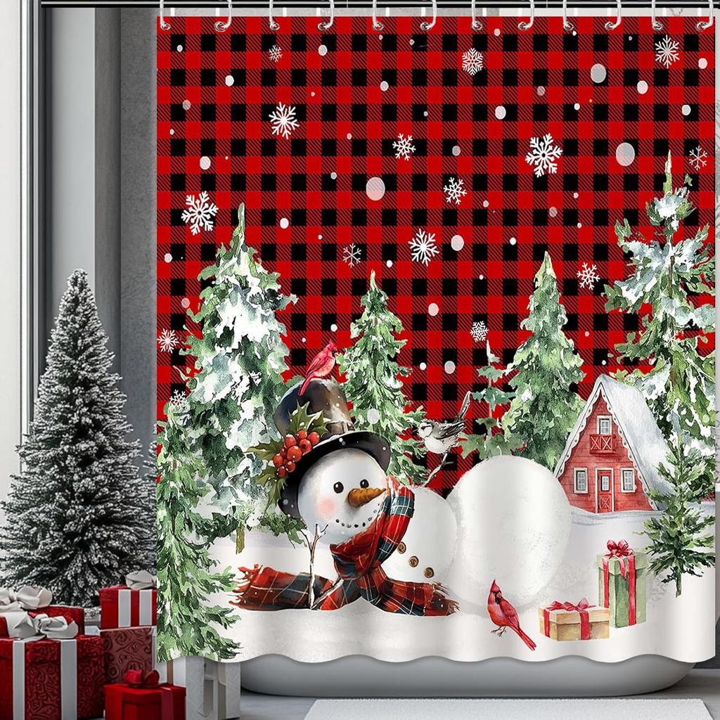 Merry Christmas Shower Curtain Cute Snowman Shower Curtain With 12 Hooks Red Buffalo Check Plaid Xmas Trees Winter Snowflake