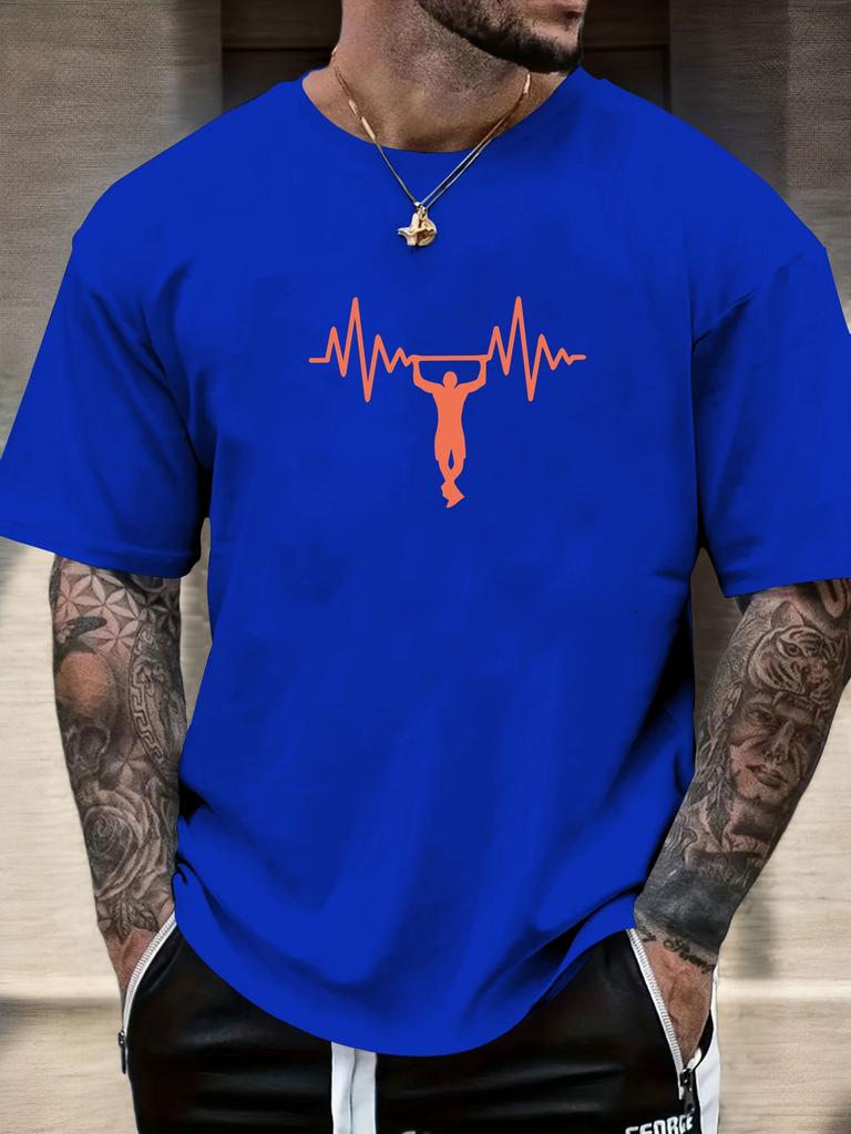 Mens Casual Tshirt Gymnastics Heartbeat Print Short Sleeve Round Neck Breathable Soft Oversized Sporty Daily Tee