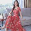 Korean Summer Floral Short-Sleeve Dress - Women's Slim Round Neck Swing Skirt