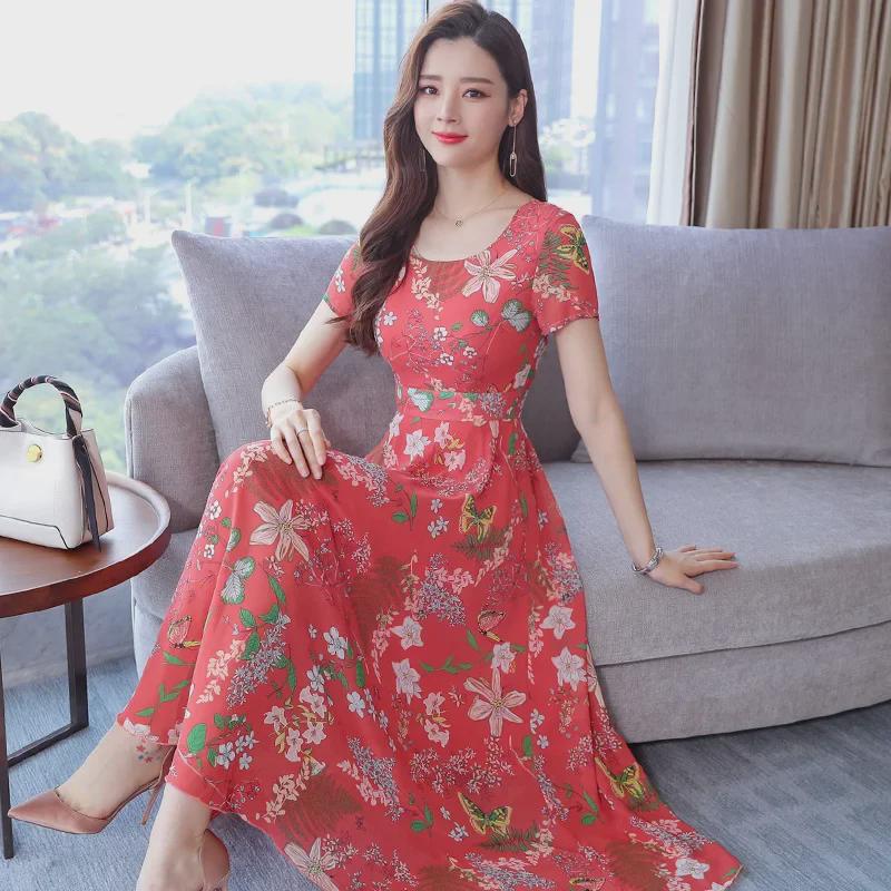 Korean Summer Floral Short-Sleeve Dress - Women's Slim Round Neck Swing Skirt