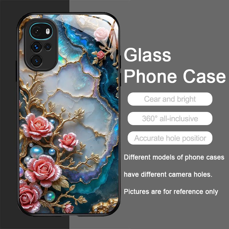 White Camellia Flower Marble Texture Tempered Glass Phone Case for Motorola Moto G85 G84 G75 Edge 50 Fusion 40 Neo 30 Pro Cover